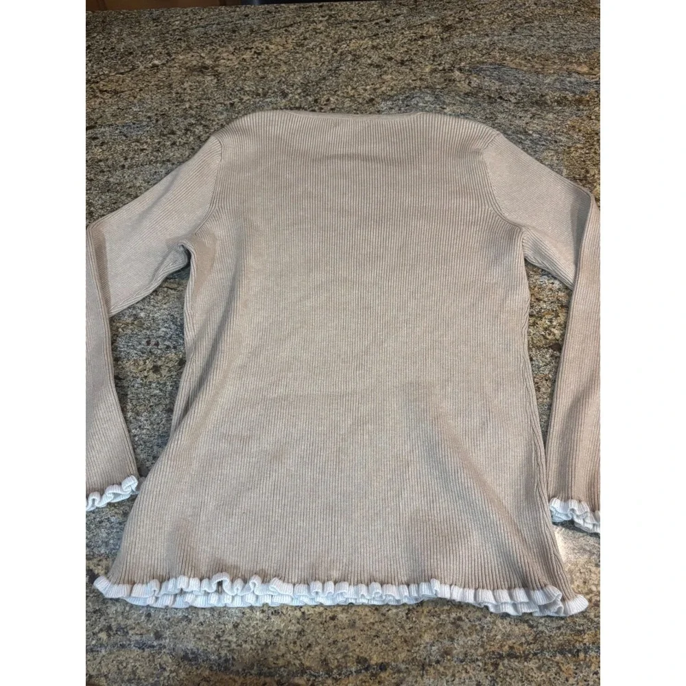 Calvin Klein Womens Ribbed Knit Sweater Tan Lettuce Trim Long‎ Sleeve M